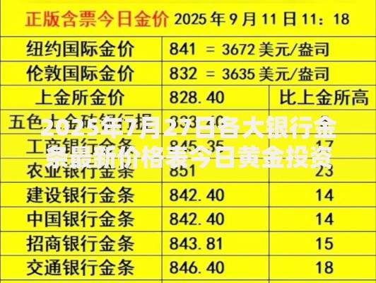 2025年7月27日各大银行金条最新价格表今日黄金投资金条多少钱一克